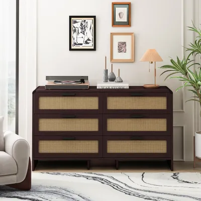 Produktbild von 130 cm bogenförmiger Eckschrank aus Rattan, Aufbewahrungsschrank mit 6 Schubladen aus Rattan, für Wohnzimmer, Schlafzimmer und Küche,