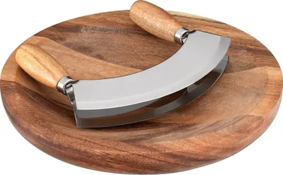 Produktbild von Navaris Kräuterbrett mit Mezzaluna Wiegemesser Kräuter - 17x13,5cm Kräutermesser Biegemesser aus Edelstahl - Wiegemesser mit Brett aus Akazienholz -
