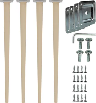 A set of four wooden furniture legs with mounting hardware.