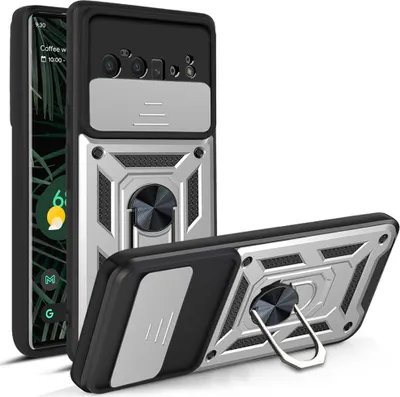 A product shot of a phone case with a ring stand, shown from multiple angles.