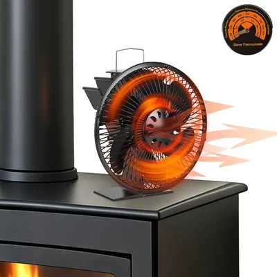Produktbild von Ikodm Kaminofen Ventilator 6 Flügel mit Edelstahl-Schutzgitter, wärmebetrieben, mit Thermometer