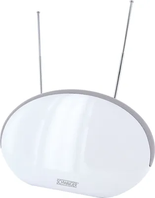 A white active indoor antenna with two silver antennas on a white background.