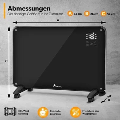 Obrázek produktu pro Elektrický konvektorový ohřívač – skleněný – výkon 2000 wattů – černý – pro vnitřní použití – s dálkovým ovládáním