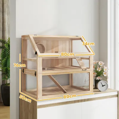 Produktbild von PawHut Hamsterkäfig aus Holz 3 Etagen Nagarium Nagerkäfig mit Deckel Laufrad