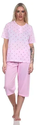 Produktbild von Damen Pyjama 3/4 Hose & Shirt mit Blumenmuster; Rosa/L/40