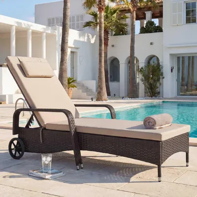 Produktbild von Poly-Rattan Sonnenliege Carrara, Relaxliege Gartenliege Liege, Alu  braun, Kissen beige