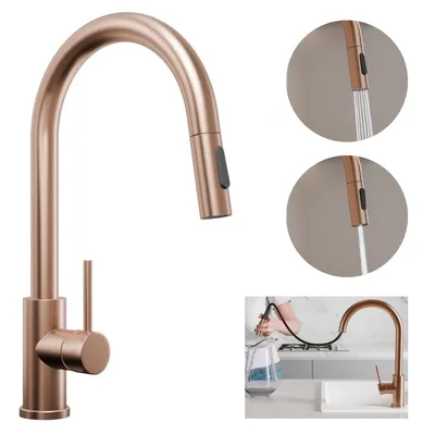 A collage of images showing a copper kitchen faucet, its spray functions, and a person using it to fill a pitcher.