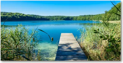 Produktbild von Tulup Glas-Bild -140x70- Wandkunst Dekorative Wand für Küche & Wohnzimmer - Landschaften - Pier am See - Blau