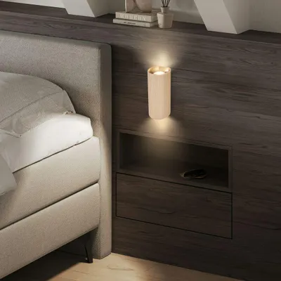 Obrázek produktu pro Nástěnná lampa Briloner s osvětlením směrem nahoru a dolů, rozměry 8,5x20x8 cm, patice GU10, maximální výkon 9W, vroubkovaná struktura, barva béžová. Vhodná do obývacího pokoje, ložnice nebo chodby