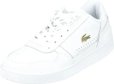 A white Lacoste sneaker is shown from a side angle against a white background.