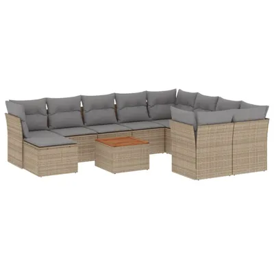 Produktbild von Modulares Garten-Sofa-Set, 11-teilig, mit Stauraum, Poly Rattan Beige, Akazienholz-Tisch, UV-beständig, Kissen Hellgrau