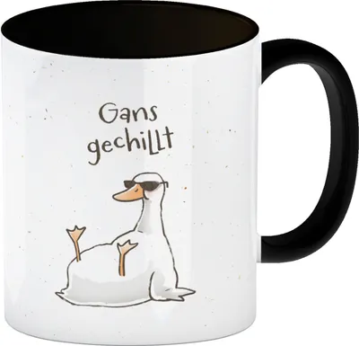 Produktbild von Gilbert die Gans Kaffeebecher in schwarz mit Spruch Gans gechillt