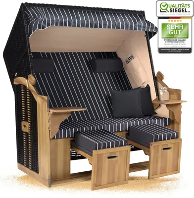 Produktbild von Strandkorb Ostsee 2,5-Sitzer 150cm breit in Schwarz Grau Weiß Nadelstreifen Zerlegt ideal für Balkon, Terrasse oder Garten