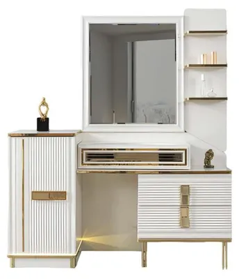 Image de Coiffeuse Table de maquillage Commode Avec Miroir Bois Inox Blanc Or