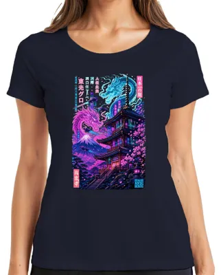 Productafbeelding van Japan, Cyberpunk, Draak, Pagode, Fuji, Kersenbloesems, Neon, Y2K, Synthwave, Dames T-shirt, Marineblauw, XXL
