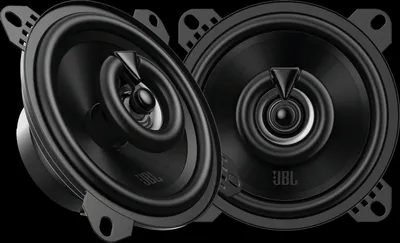 Two black car speakers are shown against a black background.