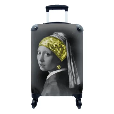 Produktbild von MuchoWow® Koffer Handgepäck Trolley Rollkoffer Kleine Reisekoffer mit 4 Rollen - Mädchen mit Perlenohrring - Gold - Schwarz - Cabin Size < 55x40x23 cm & 55x40x20 cm - Fotokoffer - Kabinenkoffer - Boardgepäck - Reise-Box - Reisekoffer - Reisegepäck - Koffer mit Bild - Trolley für Kinder