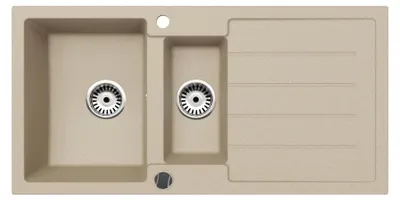 Produktbild von [Granitspüle 100x50 in Beige+ Armatur Steel] Hochwertig Eckige Granit Spülbecken f. Unterschränke ab 45 cm inkl.Siphon Set, Farbe:Beige