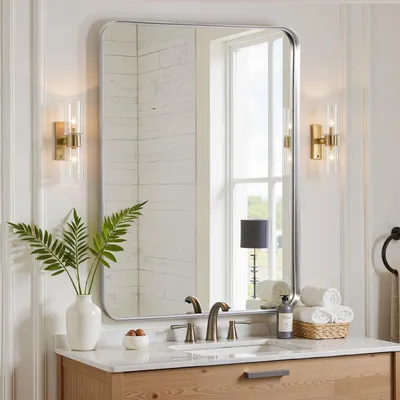 Image de Miroir mural, 60 x 90 cm, miroir de salle de bain, cadre en métal argenté, design moderne