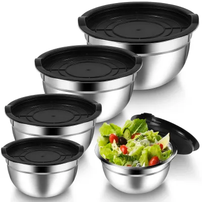 Produktbild von Set aus 5 Rührschüsseln, Edelstahlschüsseln, Salatschüsseln mit luftdichten Deckeln, Metallschüsselset zum Backen und Servieren, stapelbar, spülmaschinenfest, schwarz (4,5 l, 2,5 l, 1,5 l, 1,1 l, 0,75 l)