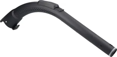 A black vacuum cleaner hose handle is shown against a white background.