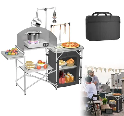 Produktbild von Campingküche Campingkochstation Kochstation - Faltbar - Mit Windschutz und Lampenhalter - Aluminium