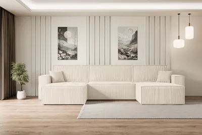 A modern living room with a large U-shaped sofa.