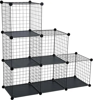 A black wire shelving unit with a stepped design, composed of six cube compartments.