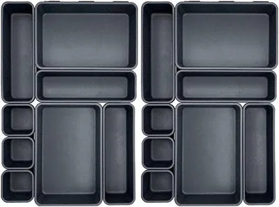 Image de Lot d'organiseurs de tiroirs en plastique - Système de rangement 3 pièces pour tiroirs - 16 pièces - Organiseurs de tiroirs pour la cuisine, la salle de bain, le bureau, la coiffeuse, la chambre à coucher (noir)