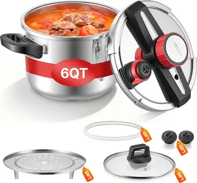 Produktbild von VEVOR Schnellkochtopf 6 L, Dampfkochtopf aus Edelstahl mit Dampfeinsatz & Deckel aus Gehärtetem Glas & 3 Druckstufen für Fleisch Bohnen Reis Suppen Soßen, Schnellkochtopf bis zu 100 kPa