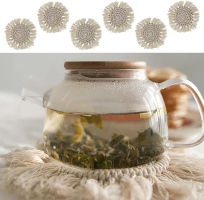 Produktbild von Makramee Untersetzer 6er Set creme Ø10cm Boho-Design Tischset Platzset rund Baumwolle Dekoset