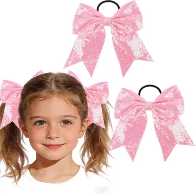 Produktbild von Rosa Schleifen-Haargummis für Damen, 2 Stück, mit funkelnden Pailletten, für Frisuren, Zöpfe und Pferdeschwänze