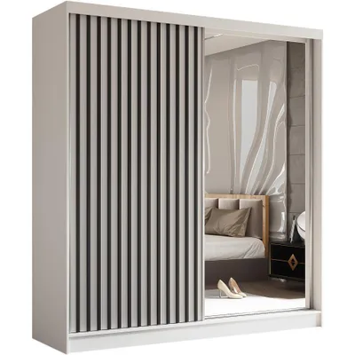 Produktbild von Schwebetürenschrank HELIX 200cm Weiß/Schwarz – 2-türig, Kleiderschrank mit Lamellen & Spiegel & Schiebetüren