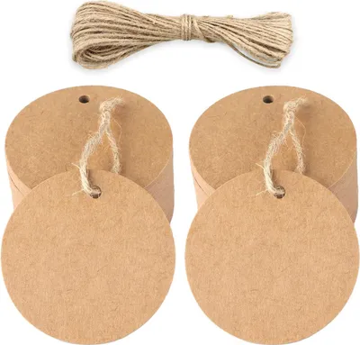 Produktbild von Rund Geschenkanhänger Kraftpapier Etiketten 5 cm, 100 Stück Hängeetiketten und Juteschnur, für Handwerk, Hochzeit, Weihnachten, Geschenkverpackung (Braun)