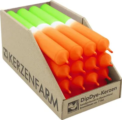 Produktbild von DIP DYE Stabkerzen aus Paraffin, 180/22 mm, Neonorange-Grün, KERZENFARM HAHN, Brenndauer ca. 7h, 16 Stück pro Verpackung