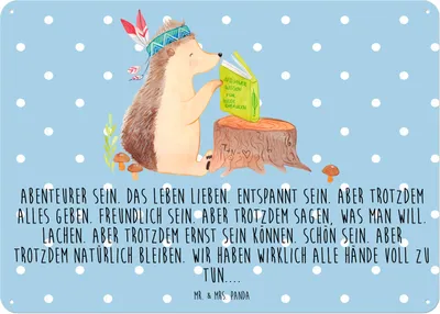 Produktbild von Mr. & Mrs. Panda tafel Igel Federschmuck DIN A5 - Blau Pastell - Geschenk, Lagerfeuer, Türschild, Retro Blechschild, Indianer, Abenteuer, Wandbild, Schild, Waldtiere