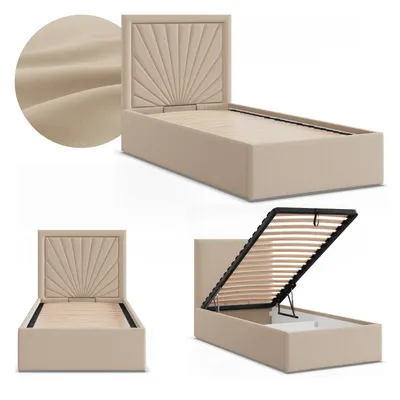 Produktbild von Polsterbett VASTO 90x200 mit Bettkasten und hochklappbarem Metall-Lattenrost, Einzelbett mit Kopfteil Beige Geflecht