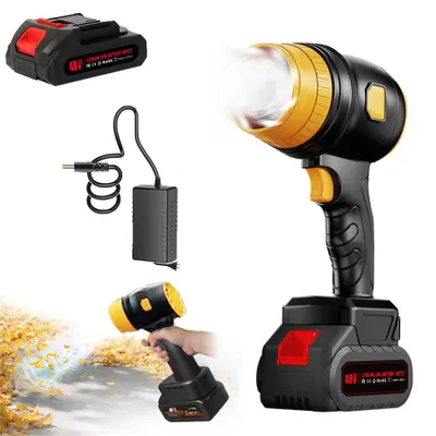A collage of images showing a cordless leaf blower and its accessories, including a battery and charger, and a lifestyle shot of the blower being used.