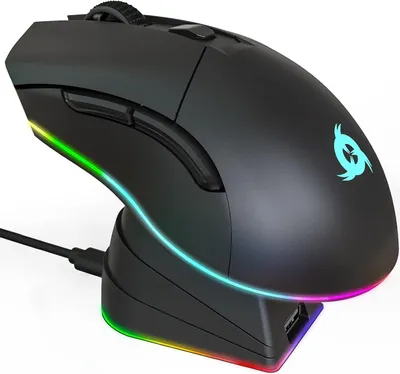 A black gaming mouse with RGB lighting is shown on its charging dock against a white background.