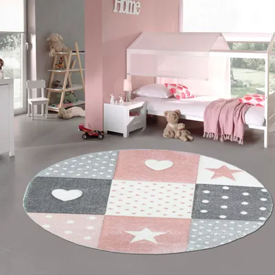 Image de Tapis de chambre d'enfant Jeu & Bébé Tapis Coeur Etoile Points Design en rose blanc gris Taille - 200 cm Rond