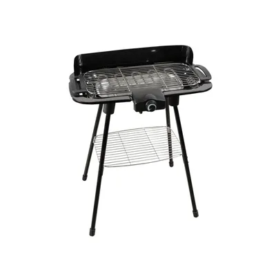 A black electric grill on a stand is shown against a white background.