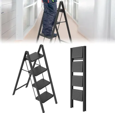 A collage showing a person using a step ladder in a hallway and separate shots of the step ladder in different configurations.