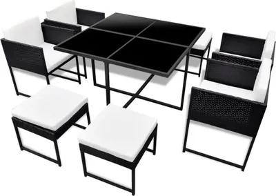 Immagine prodotto di set da pranzo da giardino 9 pezzi con cuscini in poly rattan nero