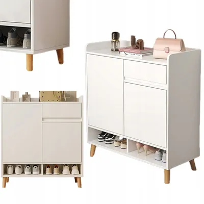 Collage of images showing a white shoe cabinet with wooden legs and some decorative items on top.