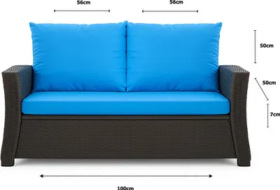 A front view of a two-seater sofa with blue cushions, showing dimensions.
