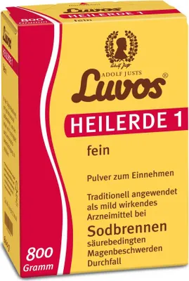 A product shot of a yellow box of Luvos Heilerde 1 fein powder.