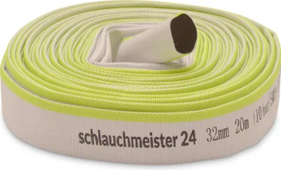Produktbild von schlauchmeister24 Industrie-Flachschlauch aus Synthetik, rundgewebt, unbeschichtet, für Tauch- und Schmutzwasserpumpen Ø 32mm (1 1/4 Zoll) 20m, 10 Bar, -20°C bis +60°C, hell mit grünen Signalstreifen