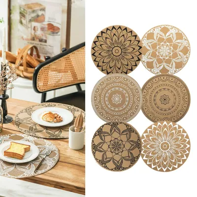 Produktbild von Boho Runde Platzdeckchen Set von 6 - Hitzebeständig PVC, Vintage Stil