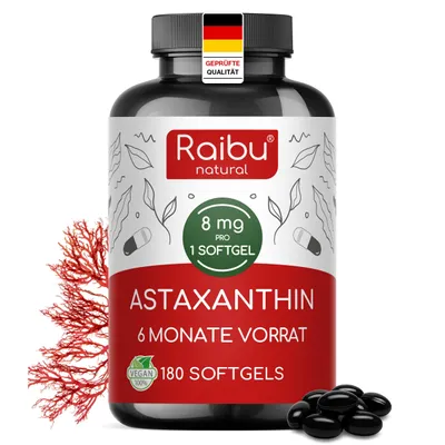 Produktbild von Astaxanthin Hochdosiert Kapseln, 180 Softgels, 8 mg pro Softgel, RAIBU