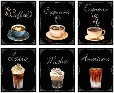 Productafbeelding van Famanu Wanddecoratieset Koffie – 6 retro café-canvasprints (zonder frame) – decoratie voor keuken/café/restaurant